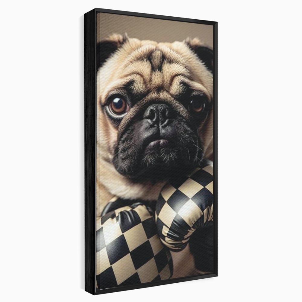 Tablou canvas cu tablou canvas cu pug in manusi de box, in rama de aluminiu negru